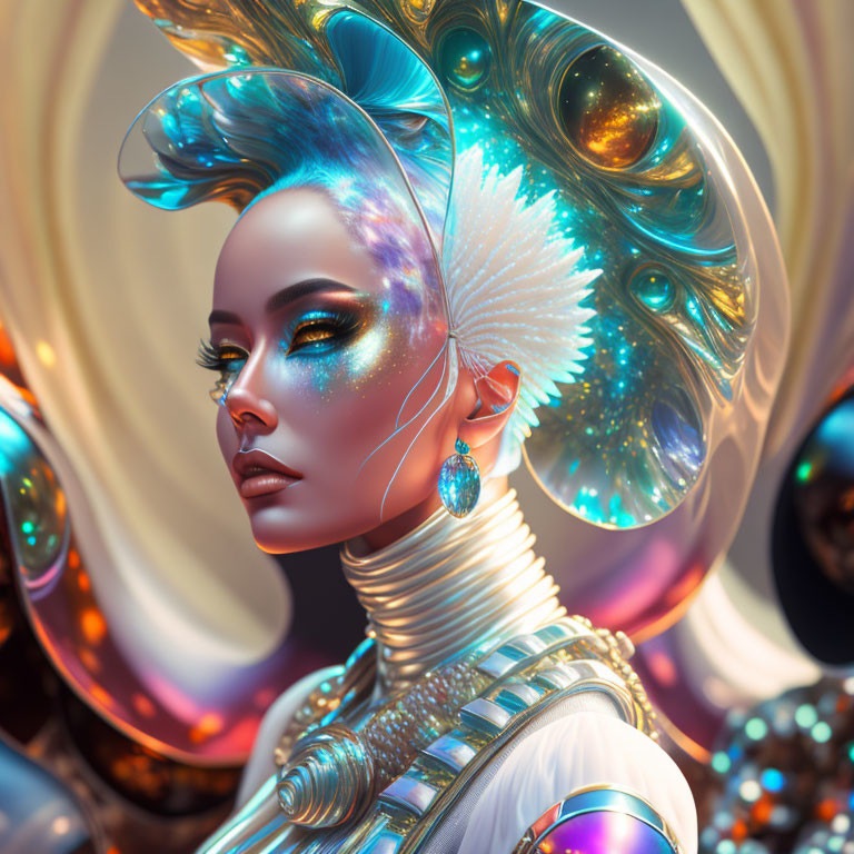 Futuristic woman with iridescent skin and cosmic makeup in metallic attire surrounded by reflective orbs.