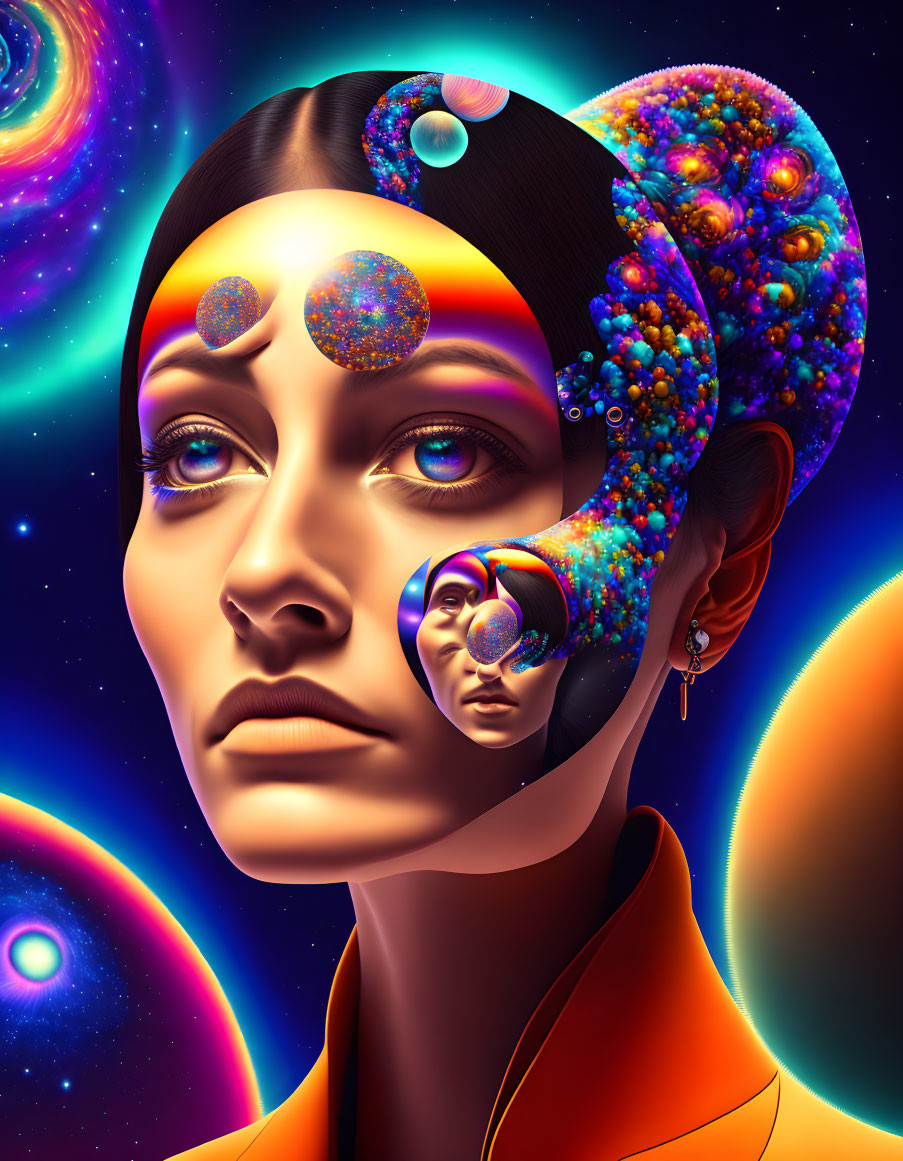 Vibrant cosmic patterns on a woman's face against starry space backdrop