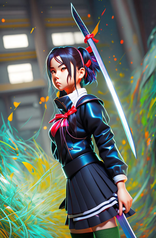 Animated girl in school uniform with glowing sword in sci-fi setting