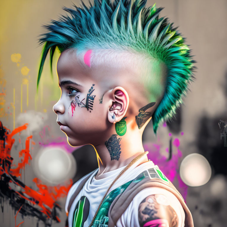 Child with Vibrant Green Mohawk and Artistic Face Paint Against Colorful Splattered Background