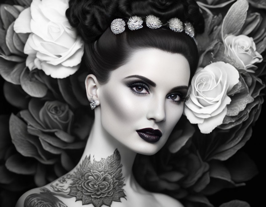 Monochrome portrait of woman with dark lipstick and elegant hair accessories among roses
