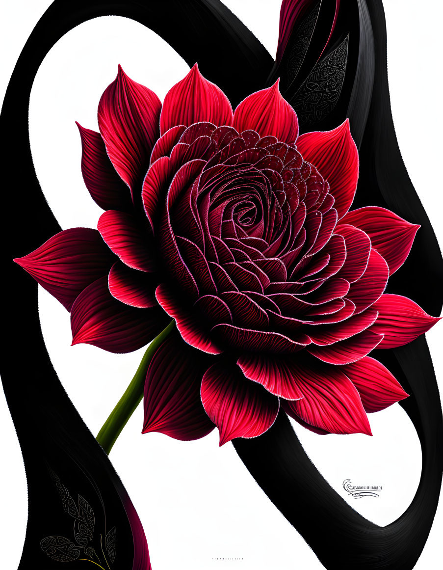 Stylized red flower with overlapping petals on black background