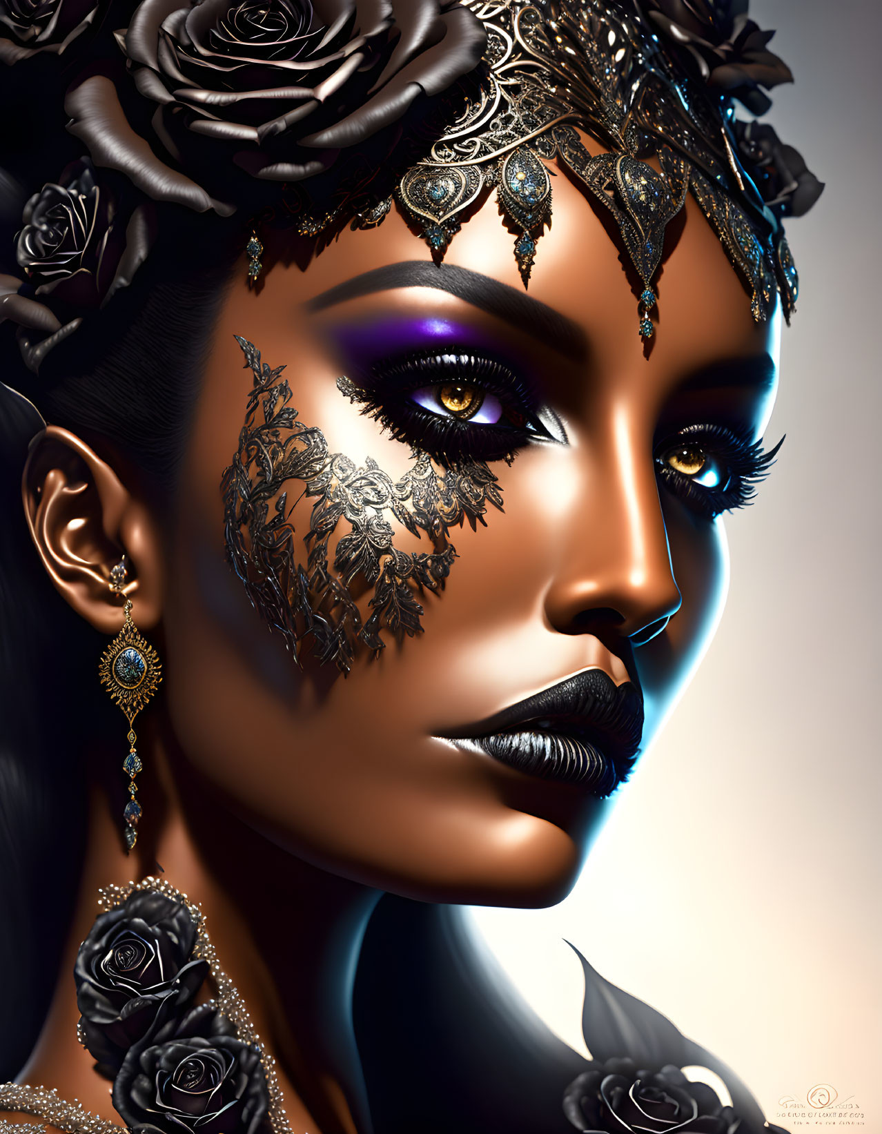 Ornate headpiece and lace tattoo on woman with striking makeup