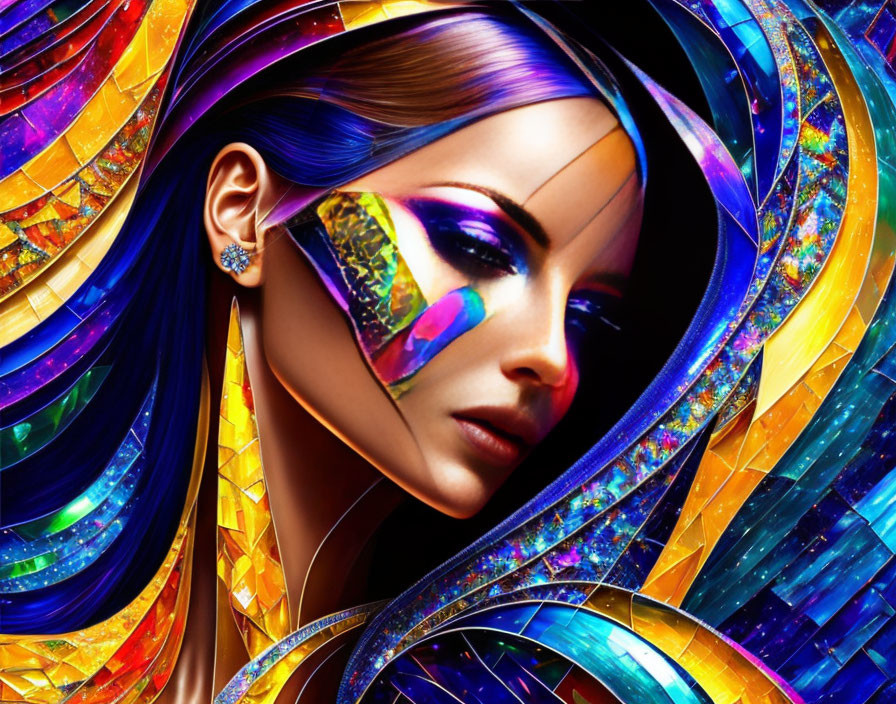 Colorful geometric patterns overlay woman's face in modern digital portrait