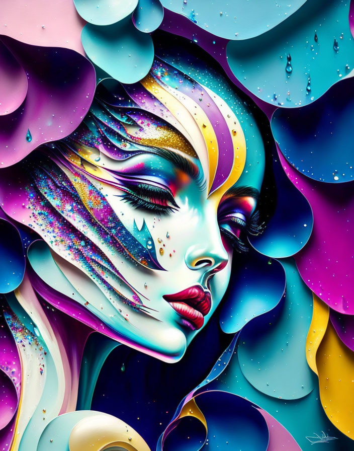 Vibrant digital artwork of a stylized female face with swirling patterns