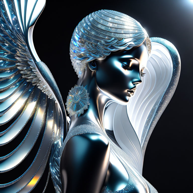Futuristic female figure with metallic skin and wing-like structures