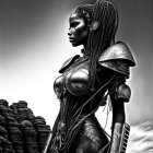 Monochrome digital artwork of woman in futuristic armor against starry sky.