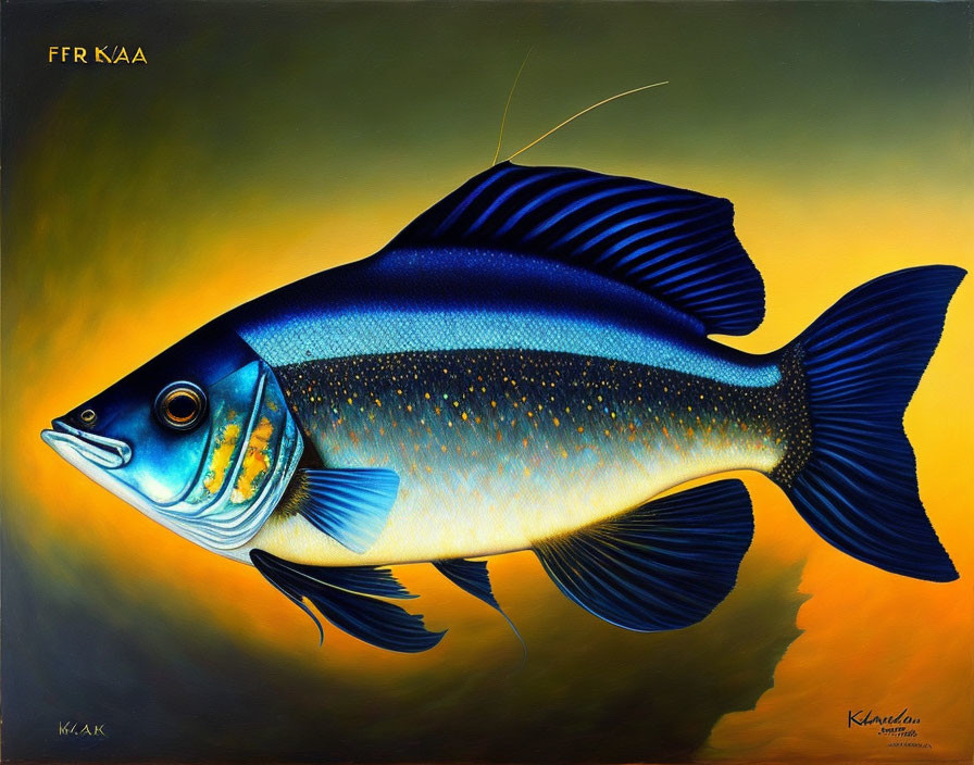 Colorful Fish Painting: Blue and Gold with Elongated Fins