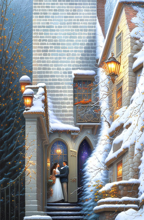 Romantic Couple Embracing in Snowy Alley Scene