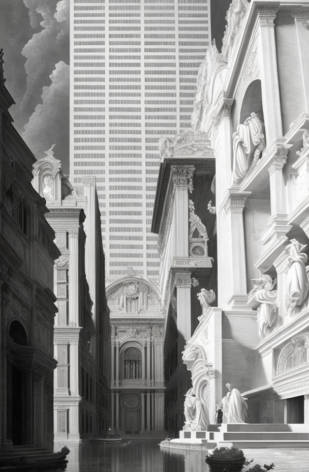 Classical and modern architecture blend in cityscape with statues and skyscrapers