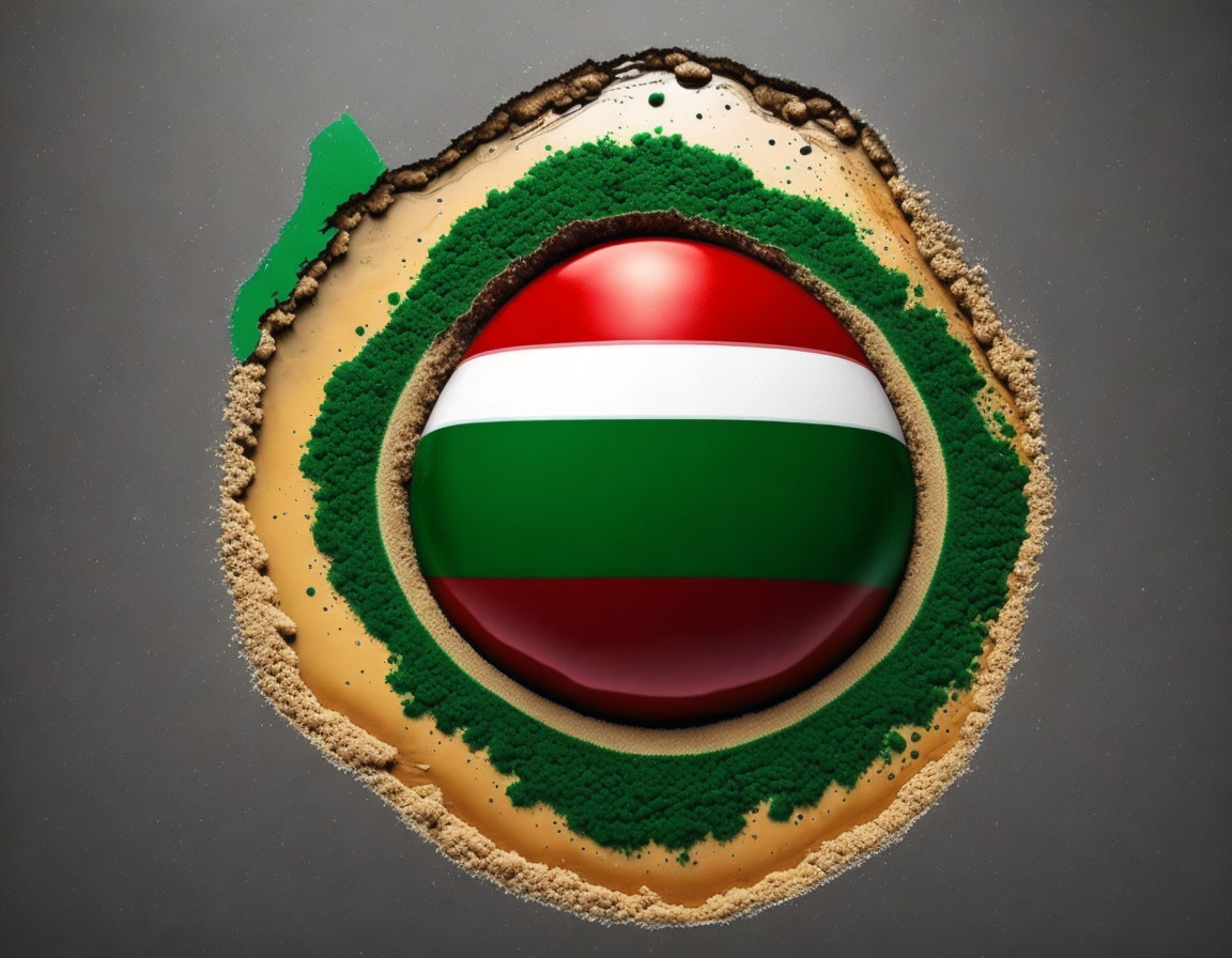 Italian Flag Colored Round Object Encased in Soil and Grass Layers on Gray Background