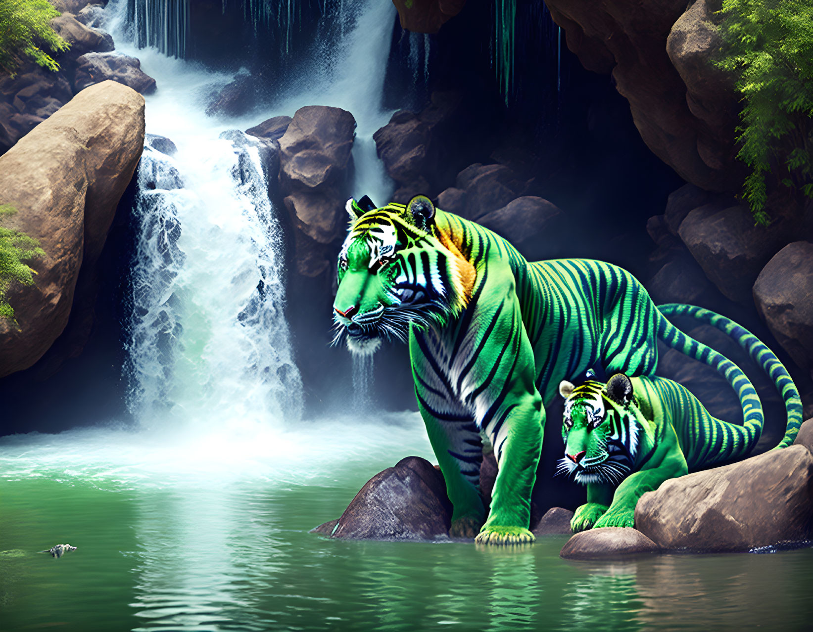 Vibrant green striped tigers resting near waterfall in lush setting