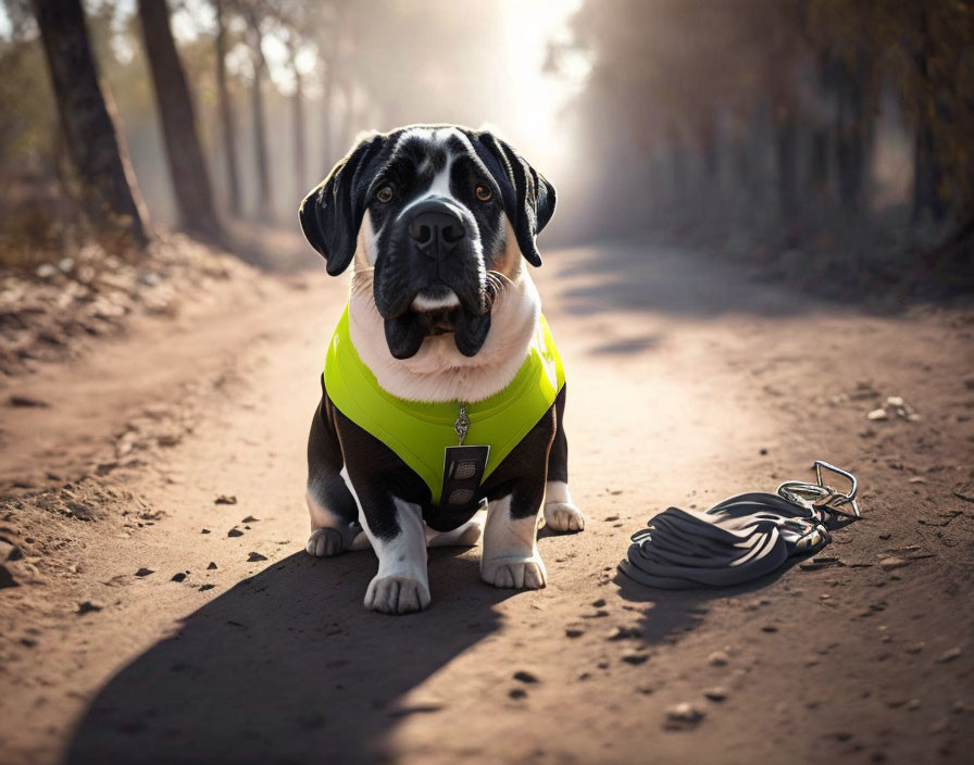 Brightly Vest-Clad Dog on Dusty Path with Trees & Sunlight