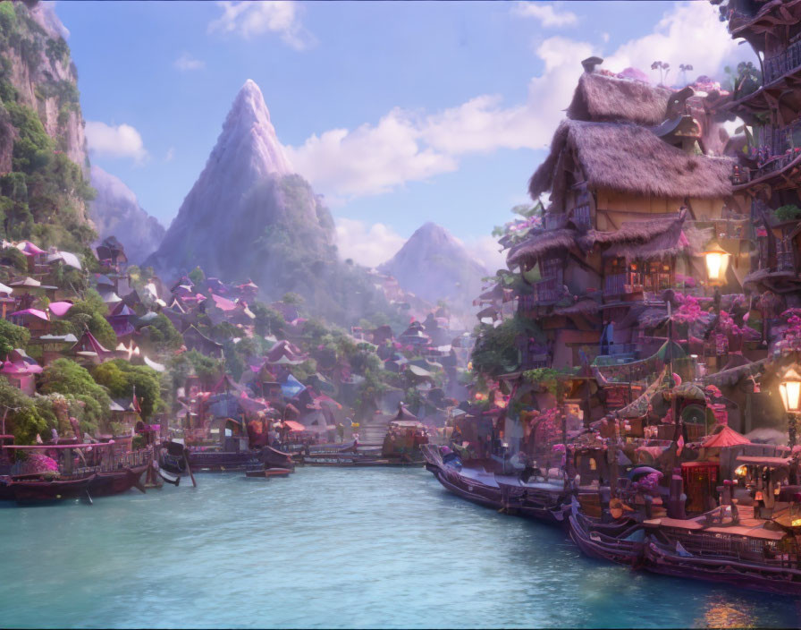Scenic animated village by river with traditional boats and colorful buildings