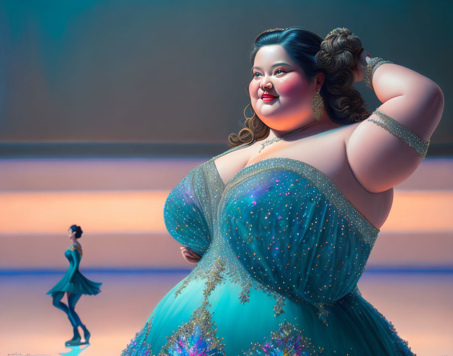 Elegant plus-sized woman in teal gown with smaller figure in background