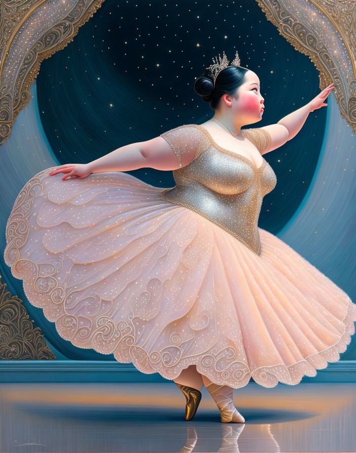 Graceful plus-size ballerina in sparkling peach tutu on cosmic stage with star-filled backdrop.