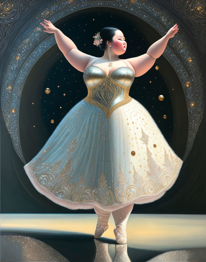 Graceful plus-size ballerina in glittering corset tutu dancing in cosmic backdrop