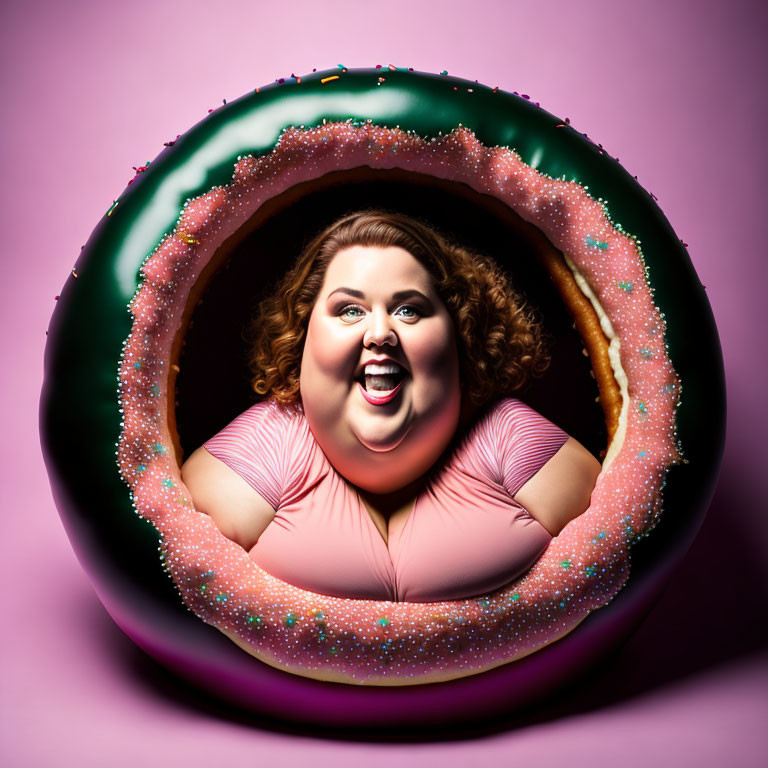 Colorful Donut Frame Around Cheerful Woman on Pink Background