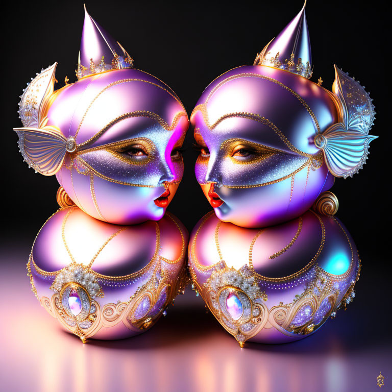 Ornate, Fantastical Figures with Royal Crowns and Jewels on Dark Background