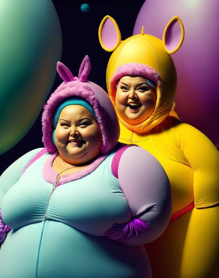 Two women in colorful bunny costumes with balloons.