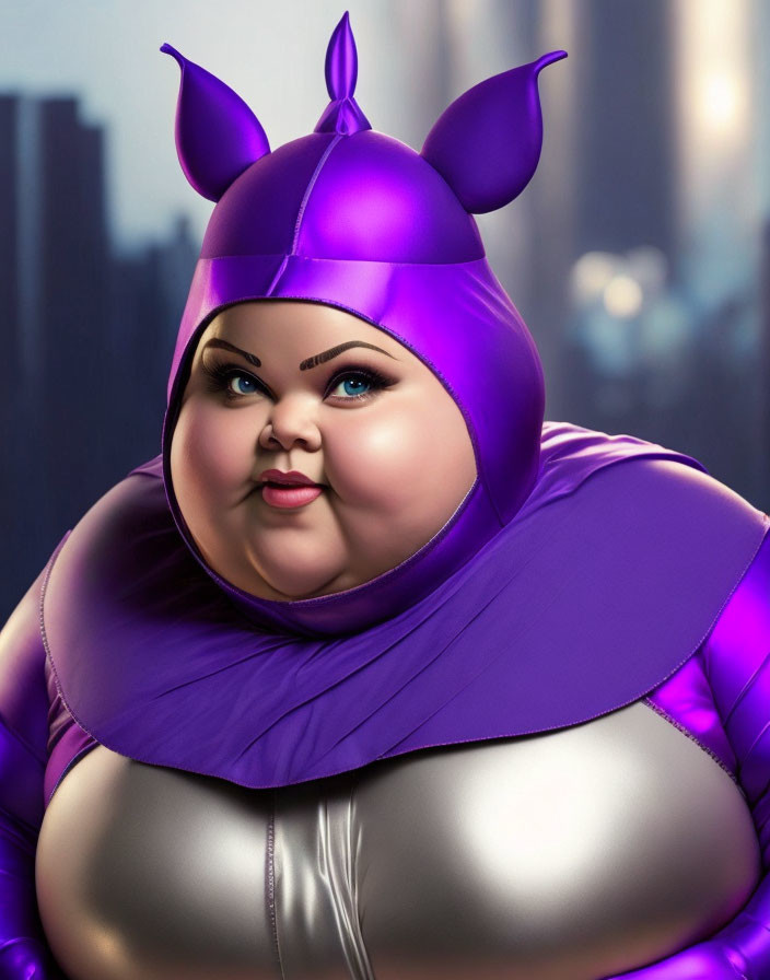 Plump female superhero in purple costume against cityscape