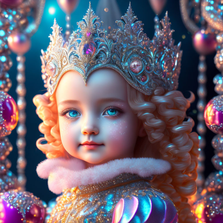 Digital Art Portrait of Doll-Like Character with Ornate Crown and Regal Attire