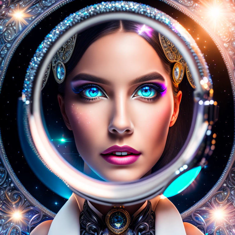 Digital Artwork: Woman with Blue Eyes and Cosmic Background