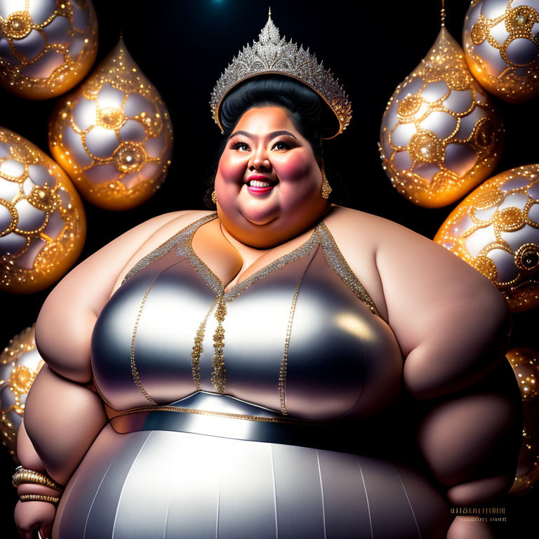 Stylized plus-sized woman in metallic dress with tiara posed by golden lanterns