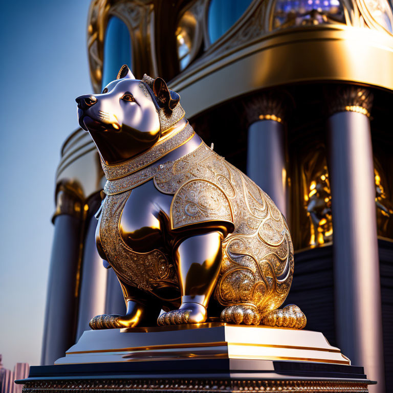 Golden Seated Dog Statue with Intricate Patterns and Classical Columns