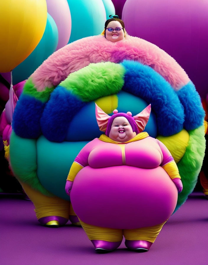 Colorful Fluffy Outfits: Cheerful Animated Characters with Balloons