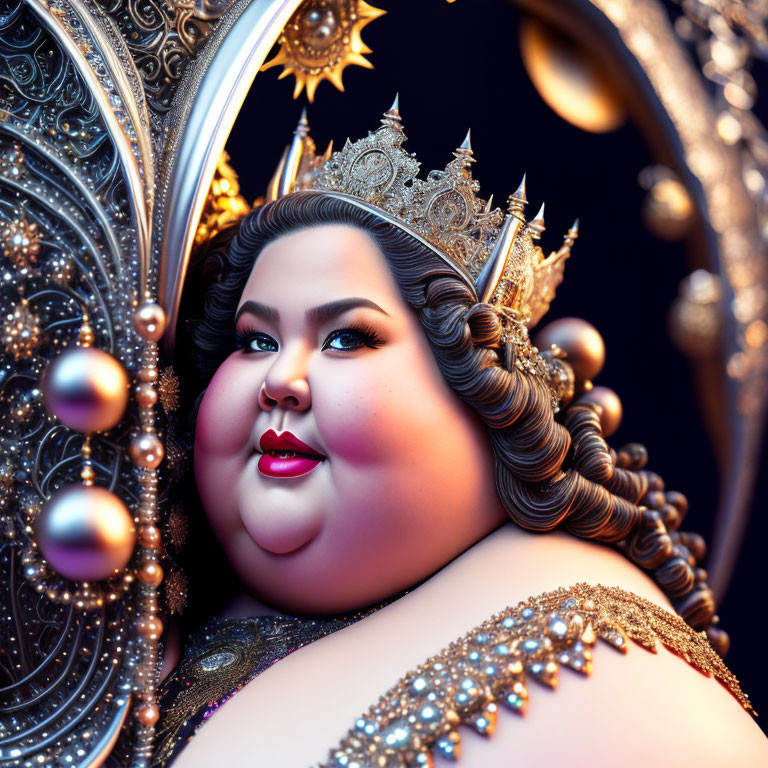 Regal plump woman in 3D with crown and jewelry