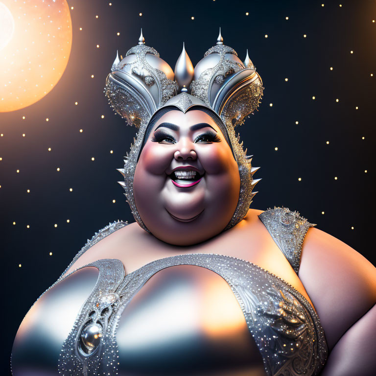Voluptuous Female Space Empress in Silver Armor on Starry Background