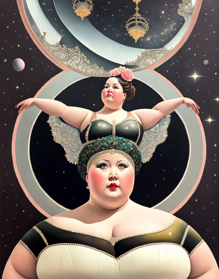 Surreal portrait of plump woman with wings and cosmic setting