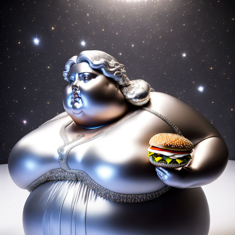 Overweight glossy sculpture holding burger against starry backdrop