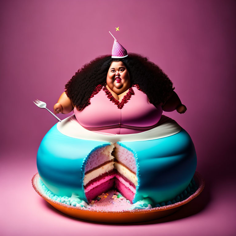 Woman in Party Hat on Cake with Pink Background