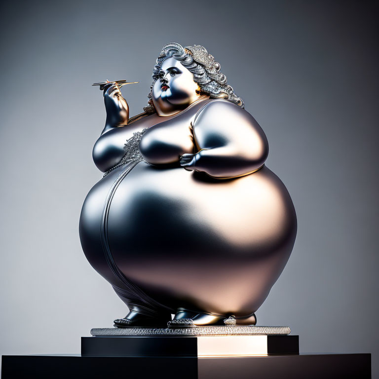 Stylized sculpture of voluptuous figure with exaggerated proportions and elegant pose holding thin object