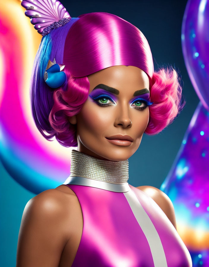 Colorful 3D digital illustration of woman with pink hair and futuristic outfit