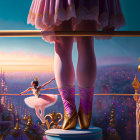 Ballerina figurine with elegant shoes on balcony ledge at sunset