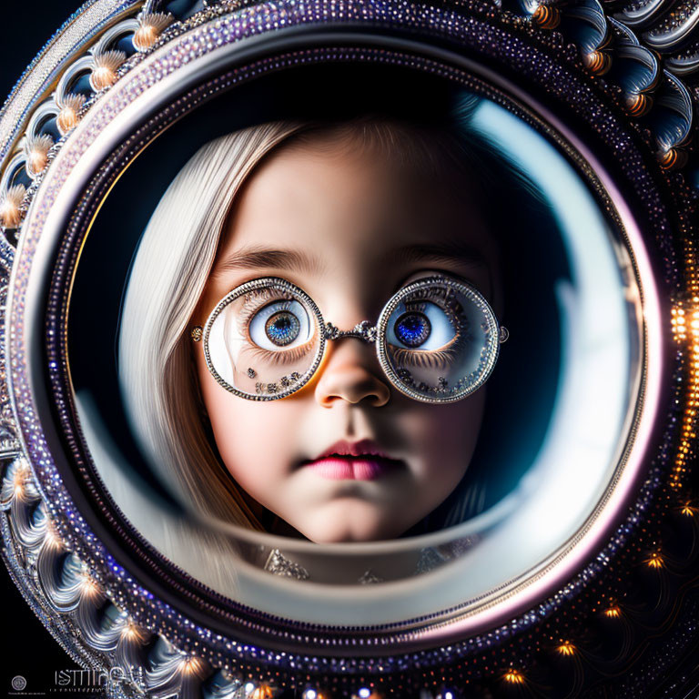 Young child in whimsical glasses amid circular fractal patterns on dark backdrop