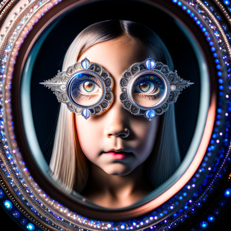 Intense gaze girl in ornate circular glasses with intricate reflections