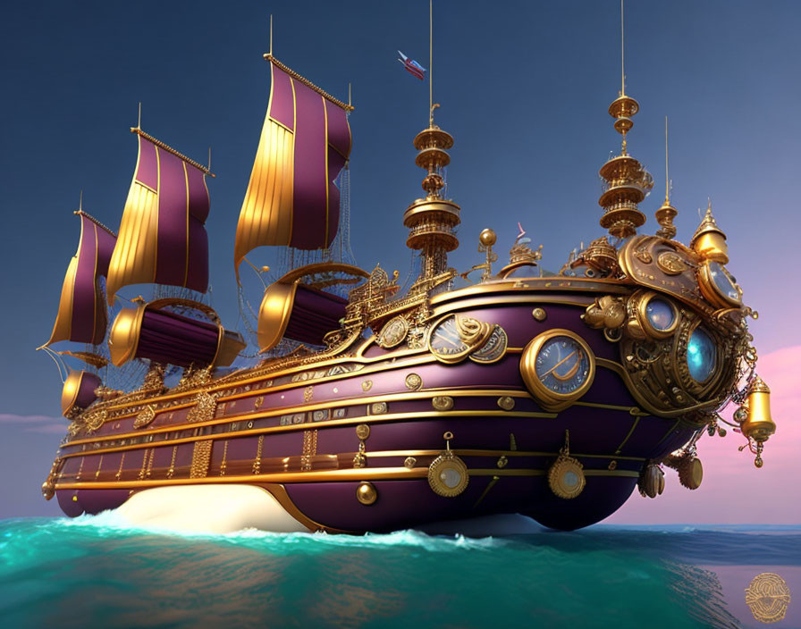Fantasy airship with golden details and purple sails over the sea at dusk