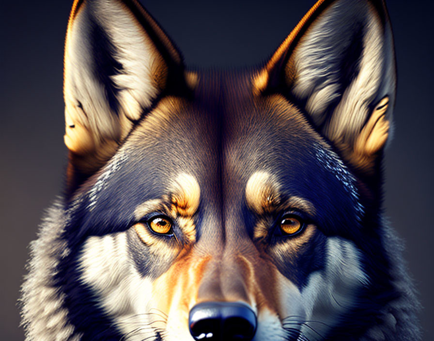 Detailed Wolf Face with Intense Eyes and Textured Fur on Dark Background
