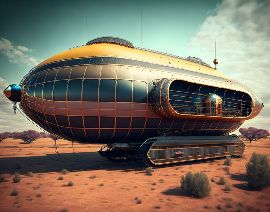 Metallic airship with large windows in desert landscape