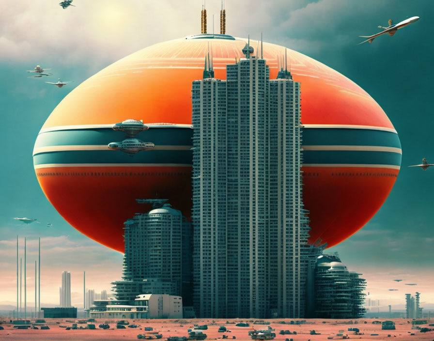 Orange Spherical Structure in Futuristic Cityscape