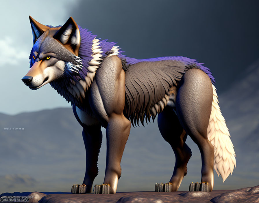Majestic 3D Illustration of Blue and Purple Winged Wolf on Rocky Terrain