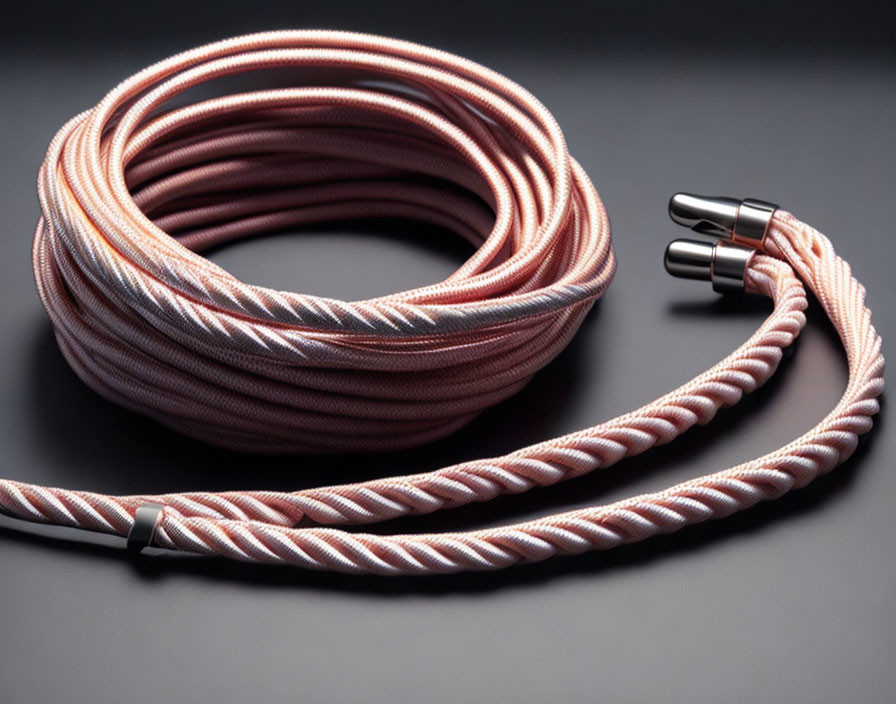 Coiled Braided Audiophile Cable with Metallic Connectors on Dark Background