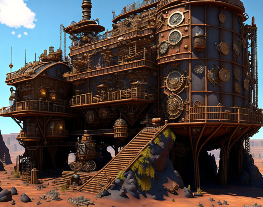Steampunk desert landscape with industrial train-like structure