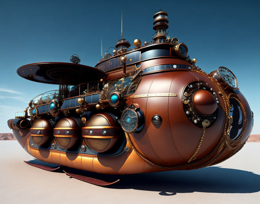 Steampunk-style airship with brass and copper tones parked in desert landscape