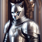Cat in medieval armor against royal interior background