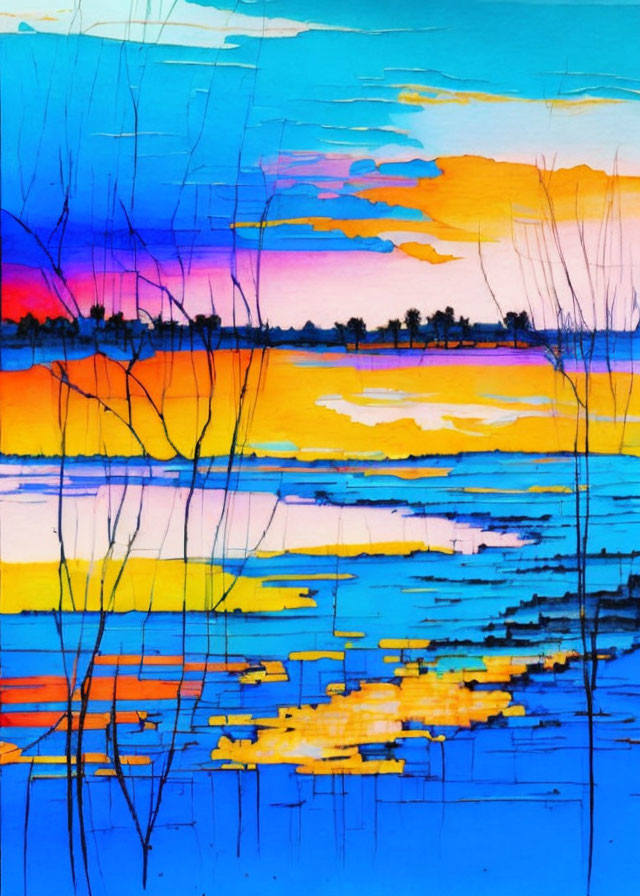 Abstract Sunset Painting with Silhouetted Grass and Vibrant Colors